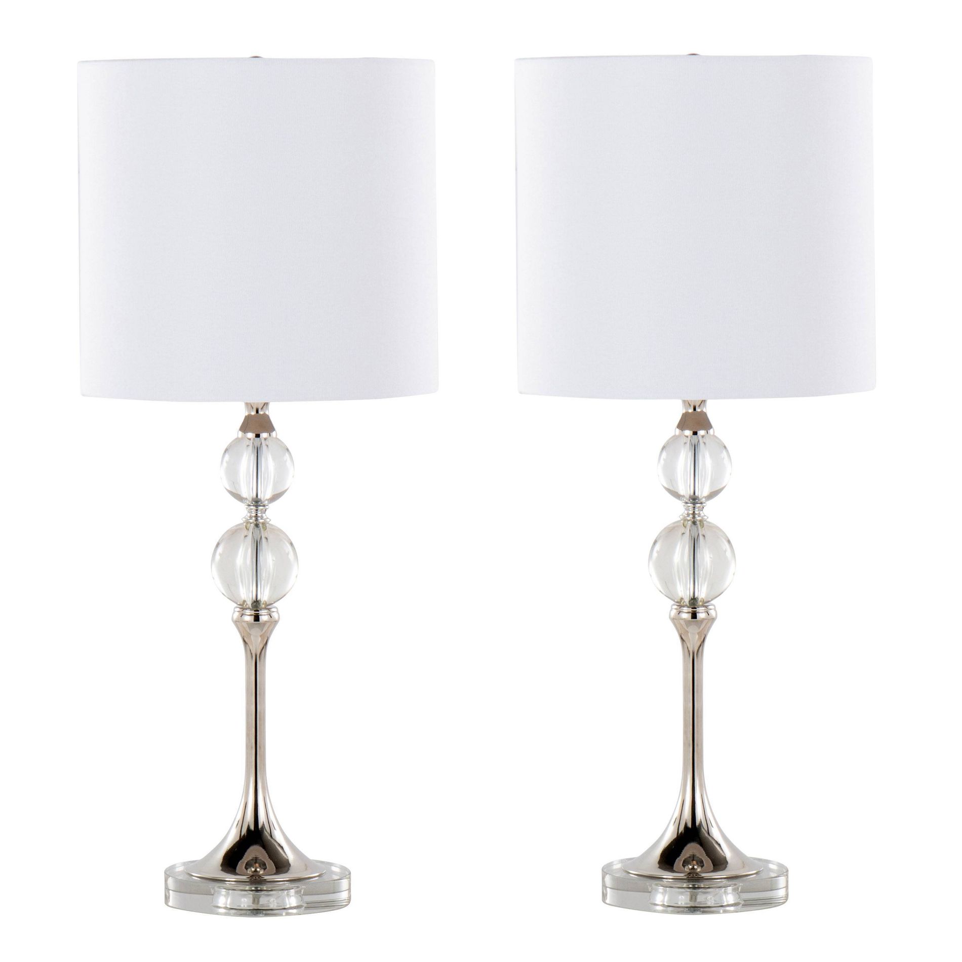 LumiSource Set of 2 Clara 26" Contemporary Crystal Table Lamp in Clear Crystal/Polished Nickel with White Linen Shade from Grandview Gallery