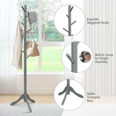 Gray Rubber Wood Adjustable Height Coat Rack with 8 Hooks