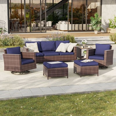 Sonkuki Outdoor 6-Piece Wicker Patio Conversation Set with 2 Rattan Swivel Rocking Chairs, Side Table, Ottoman and Navy Blue Cushion