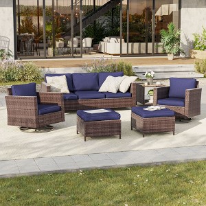 Sonkuki Outdoor 6-Piece Wicker Patio Conversation Set with 2 Rattan Swivel Rocking Chairs, Side Table, Ottoman and Navy Blue Cushion - 1 of 4