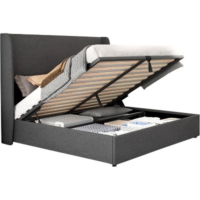 Queen Bed Frame with Lift Up Storage,Linen Upholstered Platform Bed,Wingback Headboard,Dark Gray