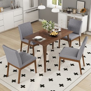 5 Piece Dining Table Set Dining Set Kitchen Table Set with 4 Upholstered Chairs, Mid-Century Modern, Beige/Gray+Walnut-Christopher Knight Home - 1 of 4