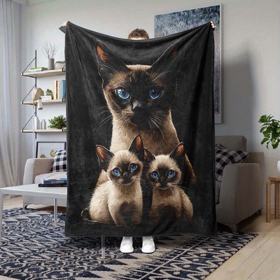 Siamese Cat Pattern Flannel Blanket, All Season Soft Polyester Throw for Indoor Outdoor Use, Ideal Gift for Pet Lovers, Christmas Gift.