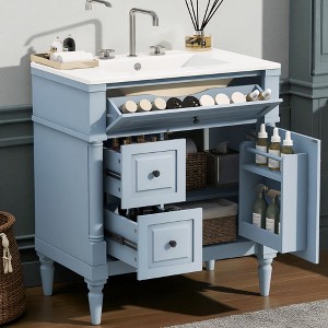 Mshliw 30" Freestanding Bathroom Vanity with Ceramic Sink, Flip Drawer, 2 Storage Drawers & Adjustable Shelf, Solid Rubberwood Frame - 1 of 4