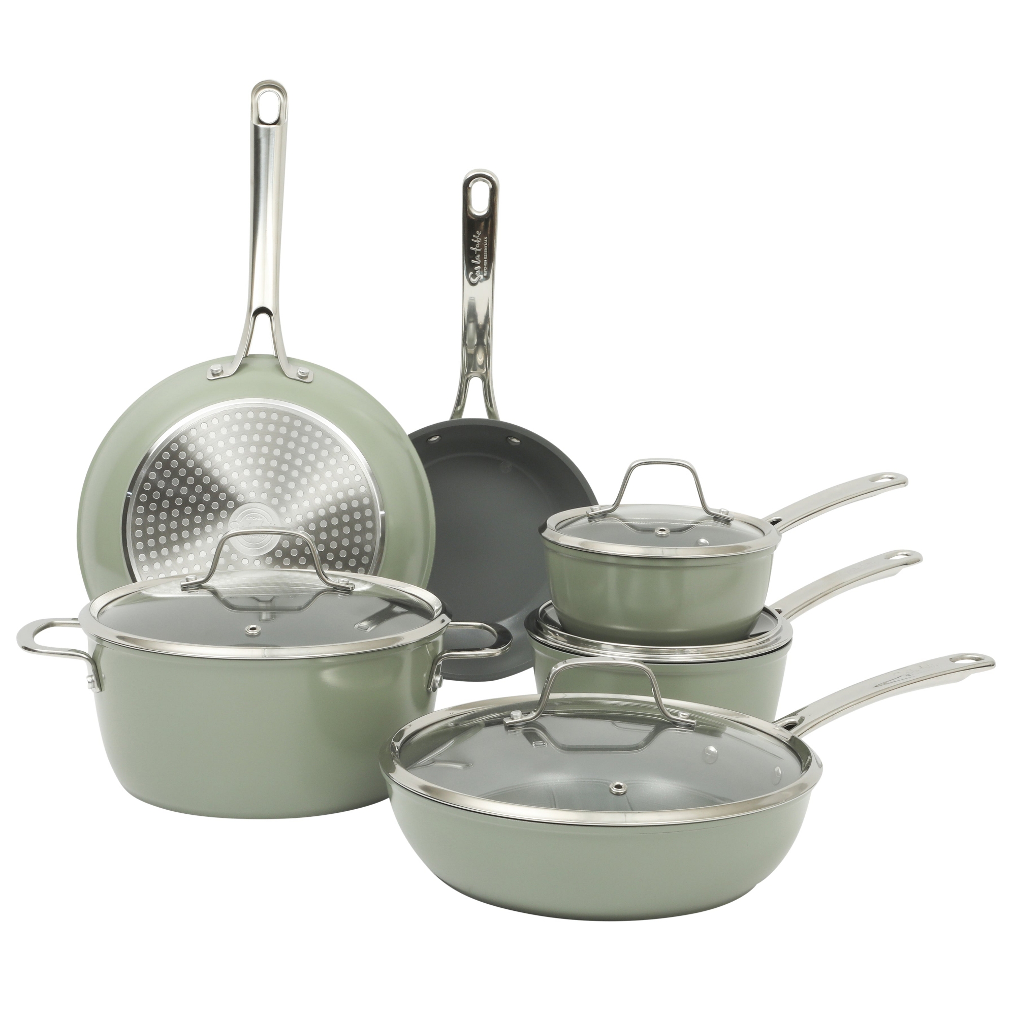 Sur La Table Kitchen Essentials Cool Commune Hard Anodized 10 Piece PFA Free Ceramic Non stick Interior Cookware Set - Juniper