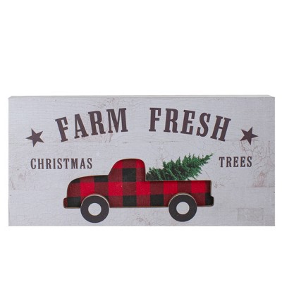 Northlight 16" Farm Fresh Black and Red Buffalo Plaid Farm Truck Wooden Christmas Sign