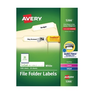 Avery Printable File Folder Labels, 2/3 x 3-7/16 Inches, White, Pack of 1500 - 1 of 3