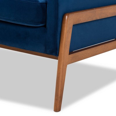 Navy Blue Velvet & Walnut Brown Wood Accent Chair