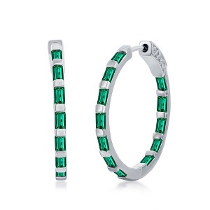 Bella Silver Sterling Silver, Baguette CZ 25mm Hoop Earrings - Emerald CZ - Green - 1 of 2