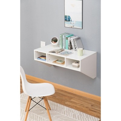 Sleek White Wall-Mounted Computer Desk with Storage Compartments