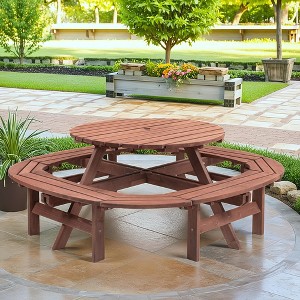 GDFStudio Claude 10-Person Wooden Round Picnic Table with Built-in Benches and Umbrella Hole - 1 of 4