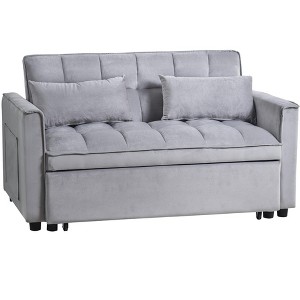 TiramisuBest 3-in-1 Convertible Sleeper Sofa Bed, Velvet Loveseat Futon Couch with Pull-Out Bed, Pillows & Storage Pockets, Black - 1 of 4