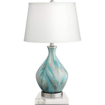 360 Lighting Cirrus Modern Accent Table Lamp with Square White Marble Riser 22" High Blue Gray Drum Shade for Bedroom Living Room Office House Home