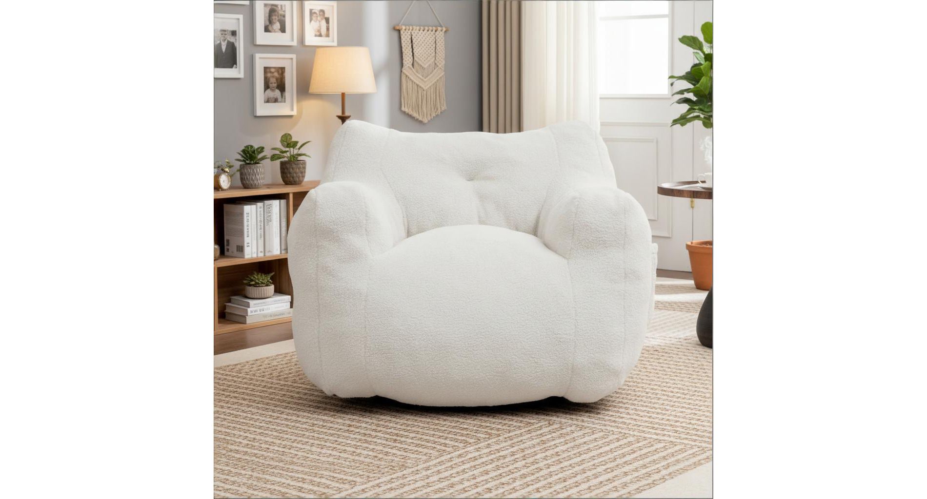 Modern Bouclé Structured Bean Bag Accent Chair , Foam-Filled Comfy Chaise Lounge Chair for Adults, Living Room & Bedroom Reading Sofa