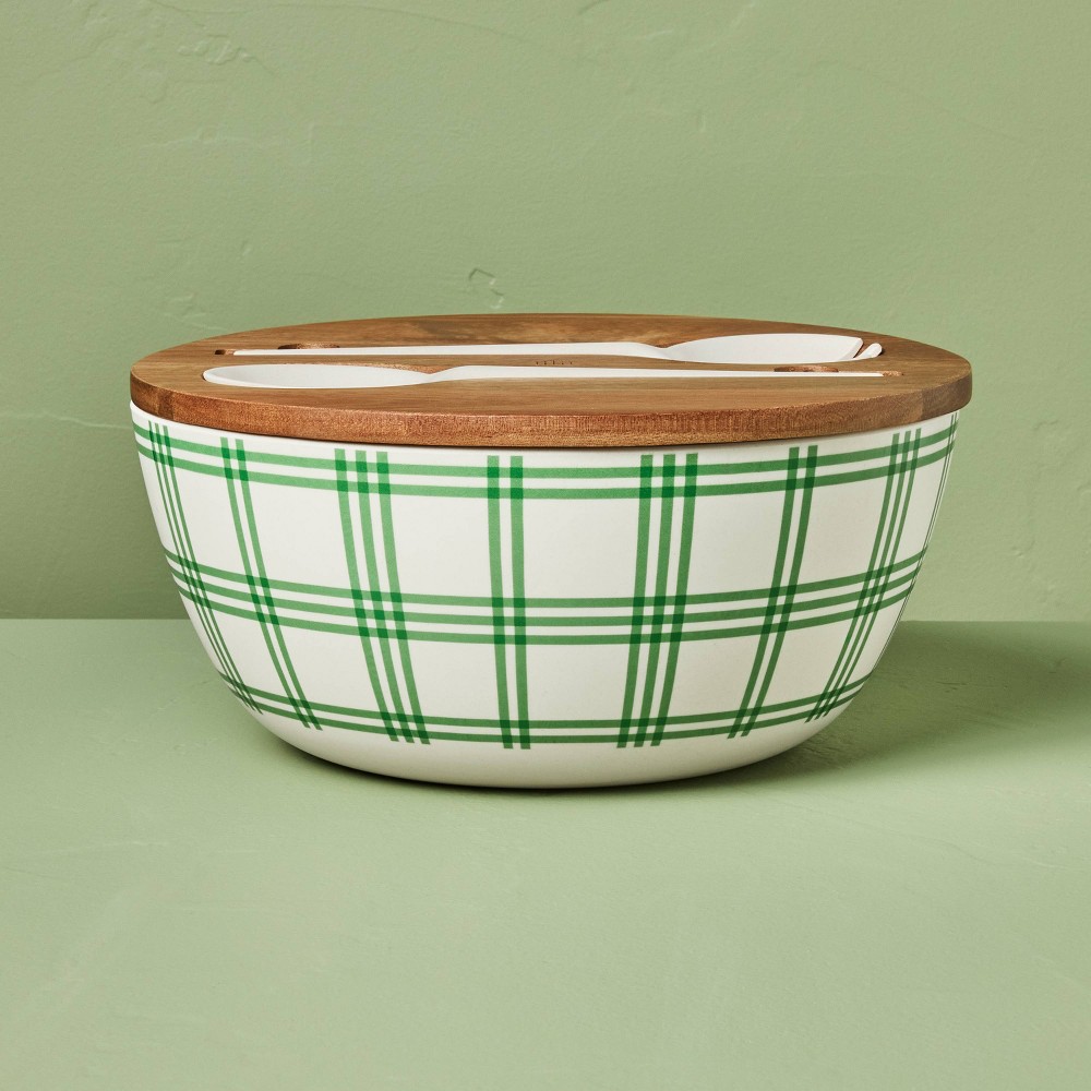 Photos - Serving Pieces 4pc Tri-Stripe Plaid Melamine Serving Bowl and Utensil Set Green/Cream - H