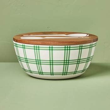 4pc Tri-Stripe Plaid Melamine Serving Bowl and Utensil Set Green/Cream - Hearth & Hand™ with Magnolia