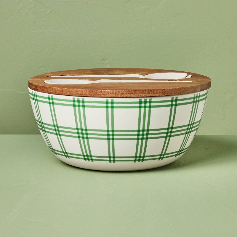 4pc Tri-Stripe Plaid Melamine Serving Bowl and Utensil Set Green/Cream - Hearth &#38; Hand&#8482; with Magnolia, 1 of 6