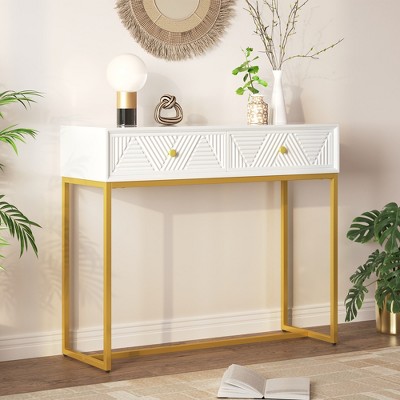 38"W Console Table Entry Table Entryway Table Accent Table Side Table with 2 Drawers, Adjustable Foot Pads and Stripe Design-ModernLuxe