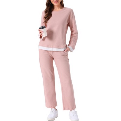 INSPIRE CHIC Women's Cotton Pajamas Waffle Long Sleeves Top and Pants with Pockets Lounge Sets