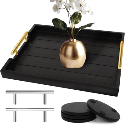 Attop Coffee Table Tray Set - Large Ottoman Tray with Handles Wood Serving Tray (2 Sets) with 4 Round Coasters Black