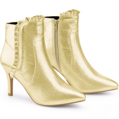 Perphy Women's Pointy Toe Zipped Ruffle Trim Stiletto Heel Ankle Boots