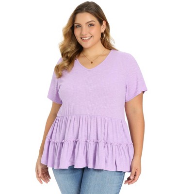 Women's Plus Size Textured Tiered Pleated V Neck Short Sleeve Casual Summer Peplum Babydoll Blouses - GRACE & GRANDEUR