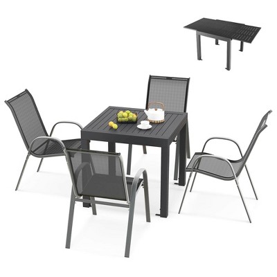 Tangkula 5 PCS Outdoor Dining Table Set w/ Extendable Aluminum Table & 4 Stackable Chairs