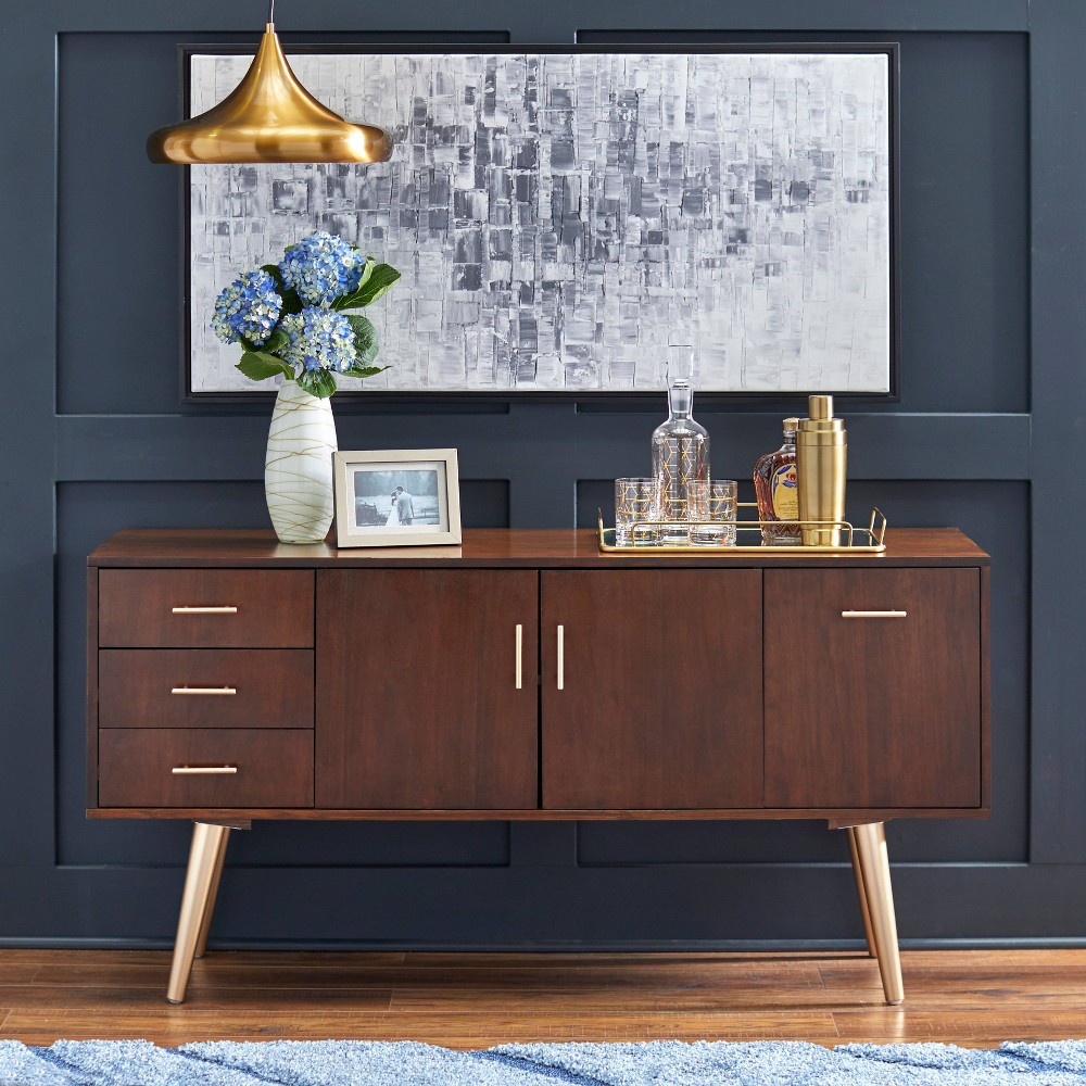 Maura Buffet Servers Walnut - Buylateral: Gold-Tone Hardware, Adjustable Shelves, Pine Frame