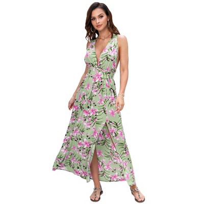 Clearlove Women's Sleeveless V Neck Dress Criss Cross Tie Back Split High Cross Hem Maxi Dress
