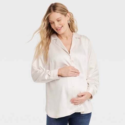 Long Sleeve Satin Button-Front Maternity Shirt - Isabel Maternity