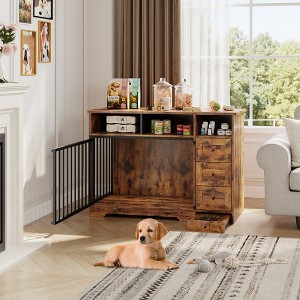 48" Dog Crate Furniture, Farmhouse Dog Kennel Furniture with Dog Bowl & 3 Storage Drawers, Heavy Duty Dog Cage End Table for Medium Small Dogs - 1 of 4