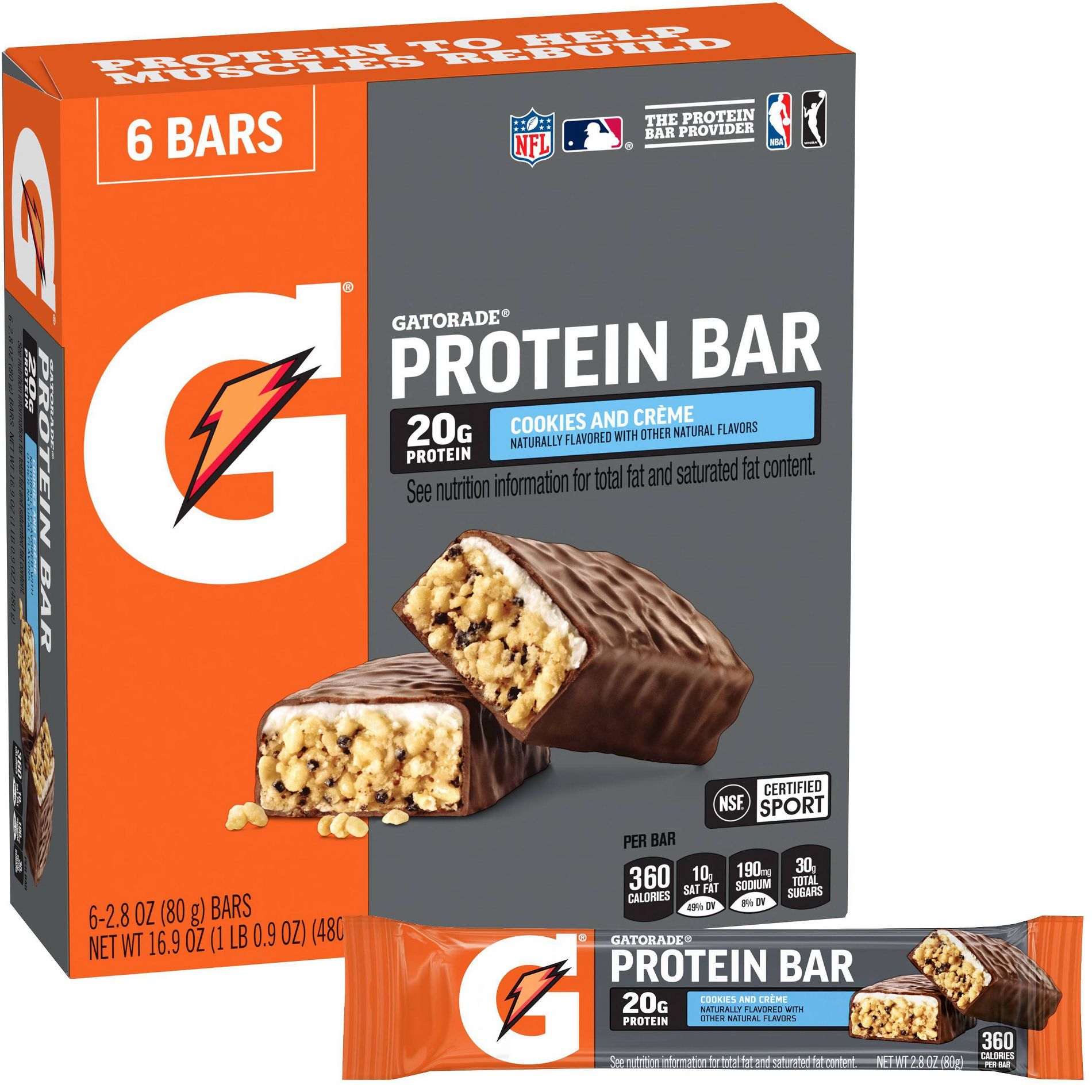 Gatorade Organic Protein Bar Cookies and Cream Protein Bar - 16.9oz/6ct: Muscle Growth, 20g Protein