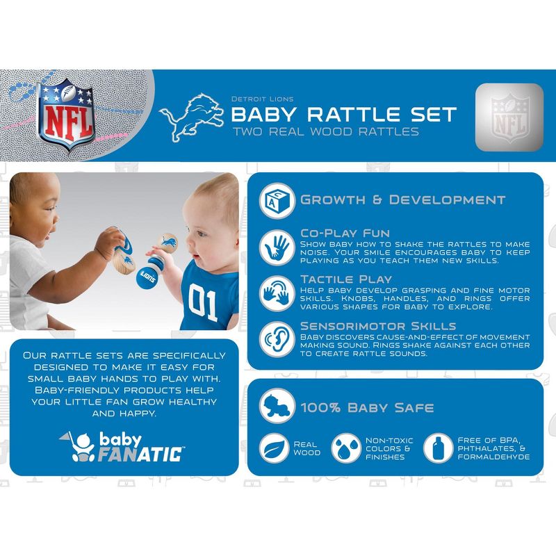 Baby Fanatic Wood Rattle 2 Pack - NFL Detroit Lions Baby Toy Set, 3 of 5