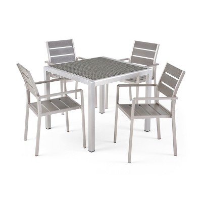 Christopher Knight Home Cape Coral Outdoor Aluminum and Faux Wood 5 Piece Dining Set with Wicker Tabletop