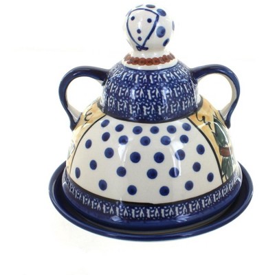 Blue Rose Polish Pottery Grapes Cheese Lady with Cobalt Trim