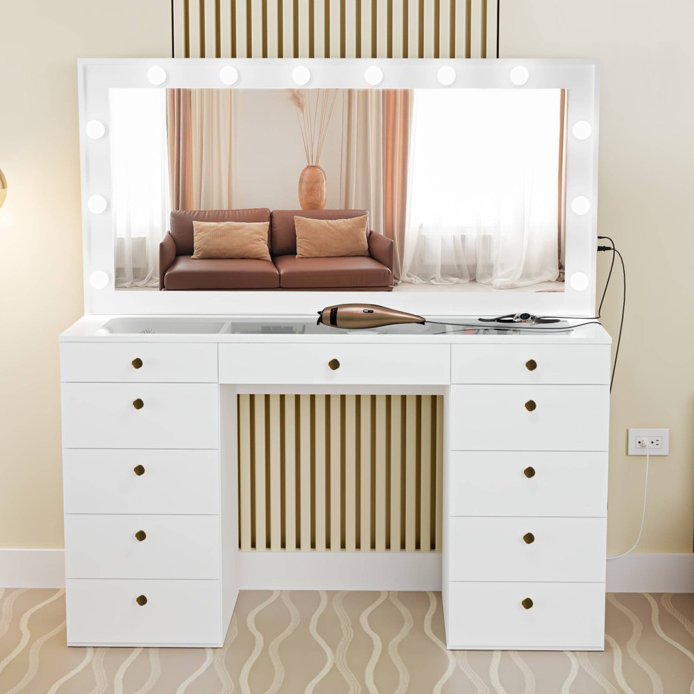 Photos - Bedroom Set Caroline Lighted with Knobs Makeup Vanity White/Gold - Boahaus