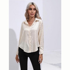 Women's Elegant Jacquard Long Sleeve Satin Button Down Shirt Blouse - 1 of 4