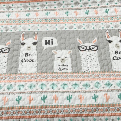 Turquoise and Pink Reversible Llama Quilt Set for Kids