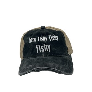 Here Fishy Fishy Fishy Hat Funny Outdoor Fishing Lovers Cap - Crazy Dog - 1 of 4