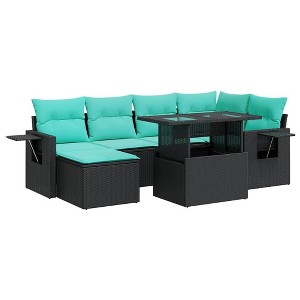 vidaXL 7 Piece Patio Sofa Set with Cushions Black Poly Rattan Acacia - 1 of 4