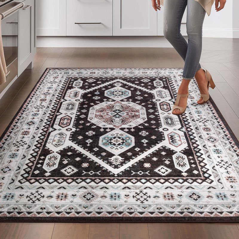Well Woven Kings Court Kama Black - Non-Slip Rubber Backed Oriental Medallion Rug - Hallway, Entryway & Kitchen - Machine-Washable, Low Looped Pile, 3 of 10