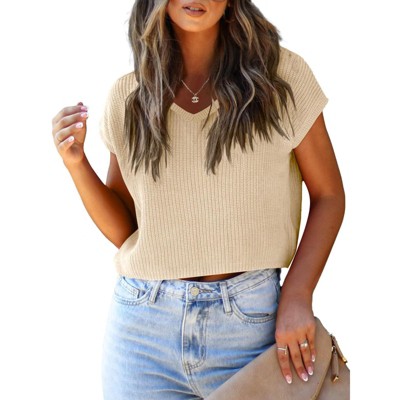 Womens Cropepd Sweater Vest with V Neck Cap Sleeve Sweater Tops Pullover Sweater Tops Rib Knit Sleeveless Sweaters Boxy Sweater Vest