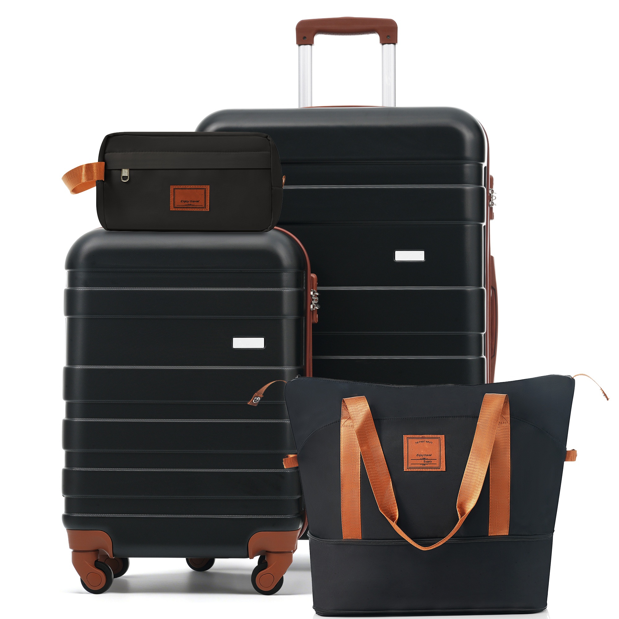 4pcs 20"&28" Luggage Set Hard Shell Carry-On&Checked Suitcase with Travel Duffel Bag, Wet-Dry Toiletry Bag, TSA Lock&Spinner Wheels, Black -ModernLuxe