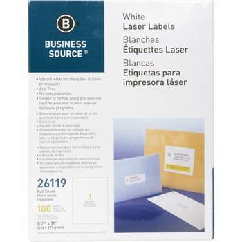 Business Source Mailing Labels Full Sheet Laser 8-1/2"x11" 100/PK White 26119