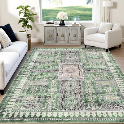 Vintage Washable Rug, Distressed Floral Low Pile Non-Slip Soft Accent Carpet for Living Room, Bedroom, Nursery, Entryway