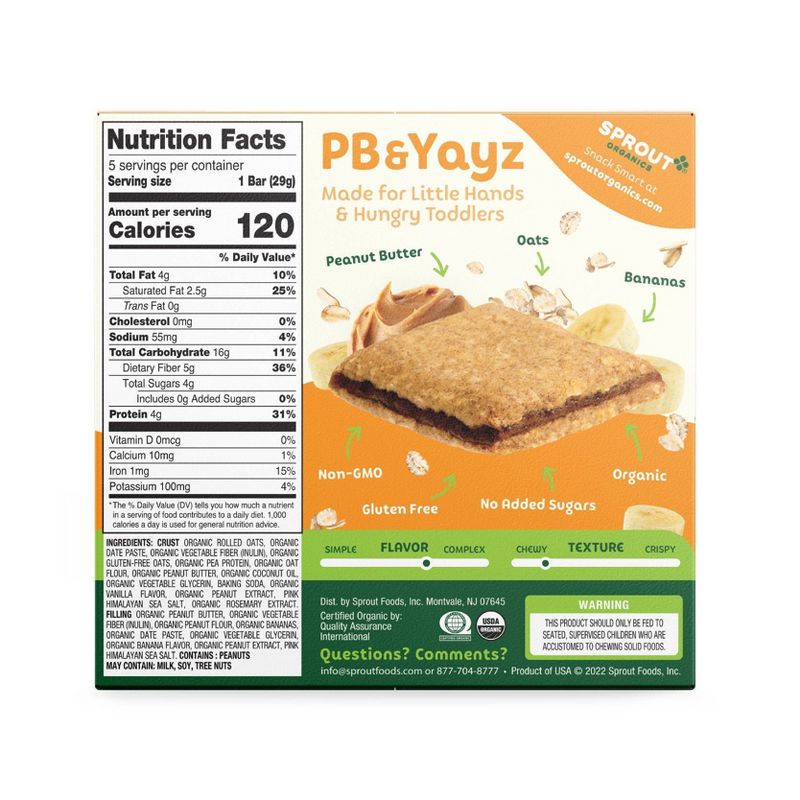 Sprout Foods Organic PB &#38; Yayz Peanut Butter &#38; Banana Sandwich Bars Toddler Snacks - 5.1oz/5ct, 3 of 6