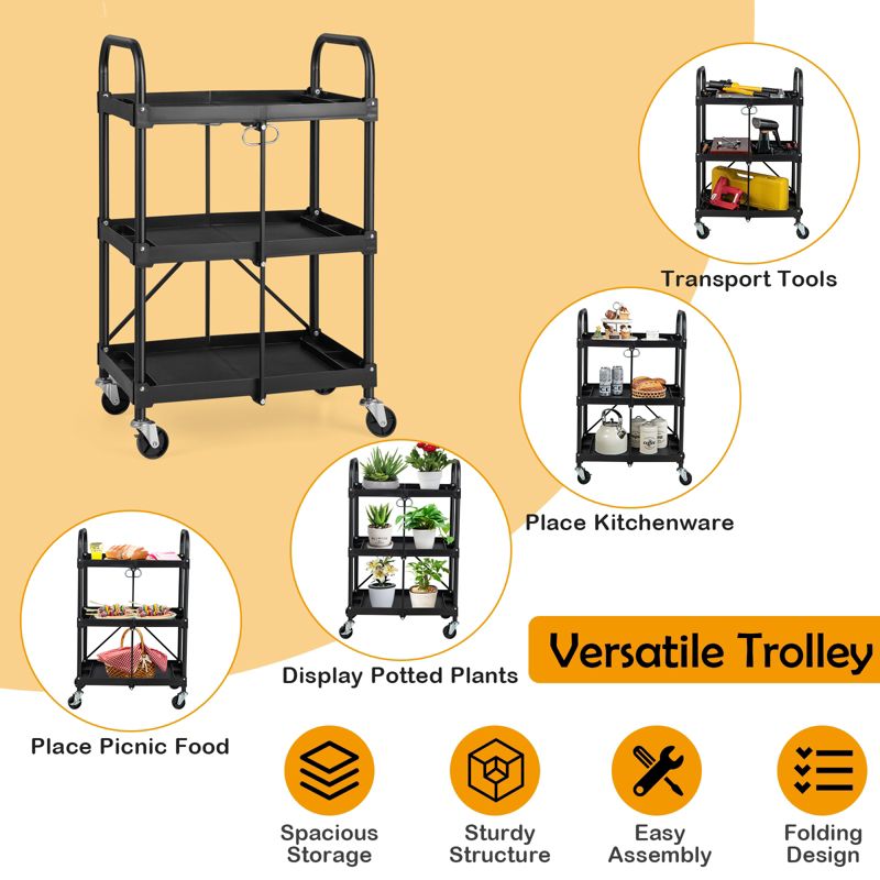 Costway Folding Collapsible Service Cart Heavy-Duty 3-Shelf Tool Cart with 4 Wheels, 5 of 11