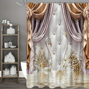 Paaaawaters 1 Piece Gold Floral Swan Print Shower Curtain Set with Hooks Waterproof Bathroom Partition Curtain - 1 of 4