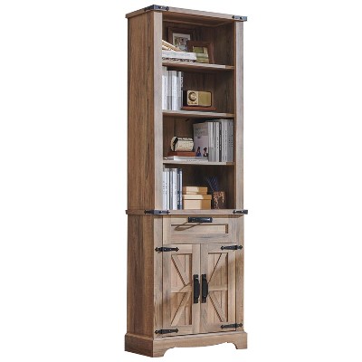 Farmhouse Bookshelf with Storage Cabinet, 72" Tall Bookcase with Drawer and Barn Door for Office Library, Living Room