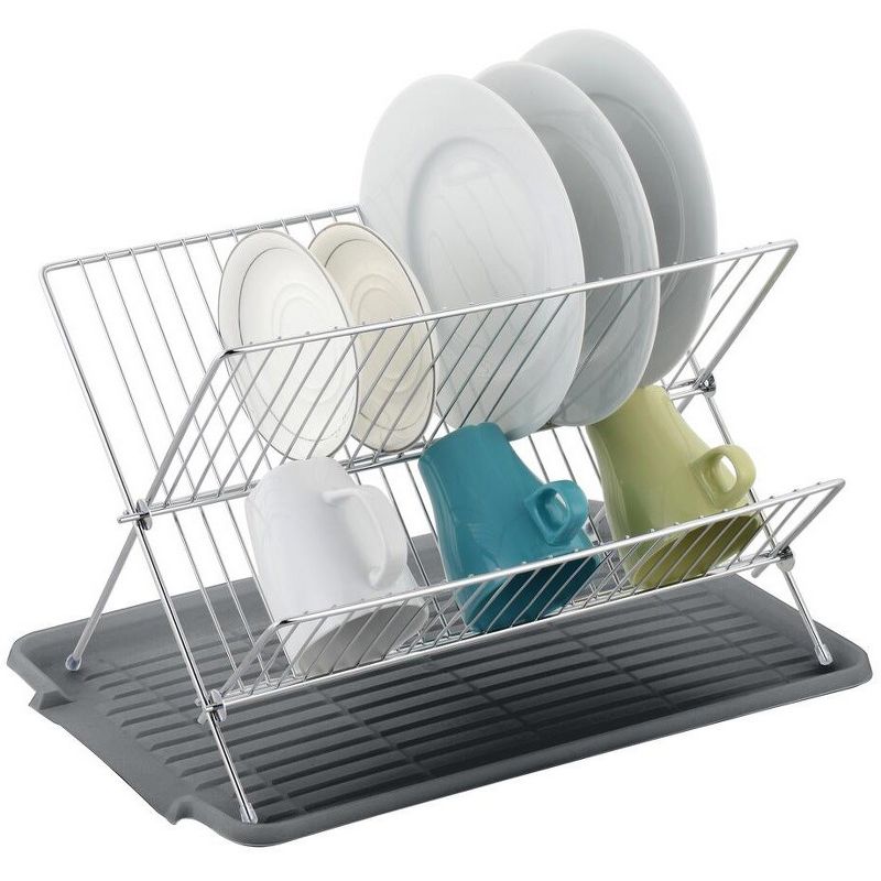 J&V TEXTILES Foldable Dish Drying Rack with Drainboard, Stainless Steel 2 Tier Dish Drainer Rack, 1 of 9